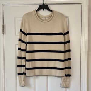 GAP Womens Beige and Navy Striped Crewneck Sweater